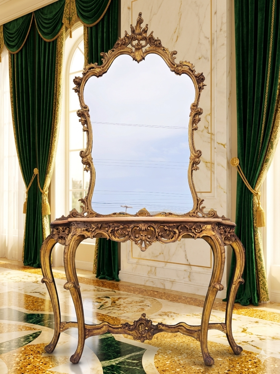 Italian Console Set with Marble Top and Mirror – Louis XV Style (1890–1919) 🌿🏛️🌿