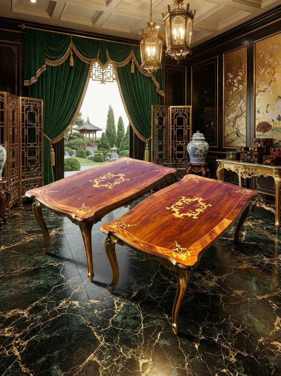 Par de Mesitas Antiguas Europeas – Elegancia y Marquetería Artesanal ✨🏛️🌟