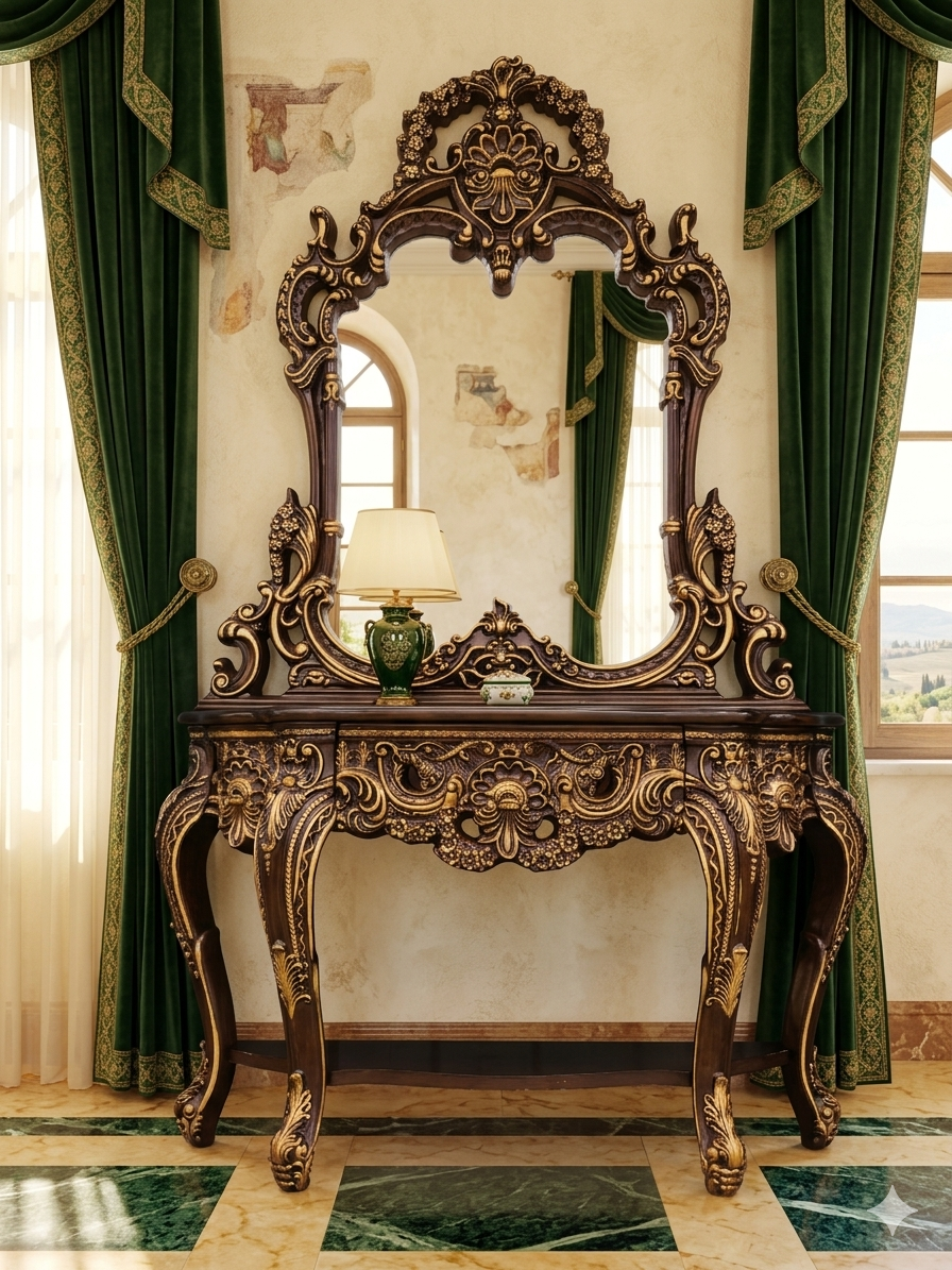 Credenza and Mirror – Homey Design Inc, Classic Style with Golden Carving 🏛️🎭🌿