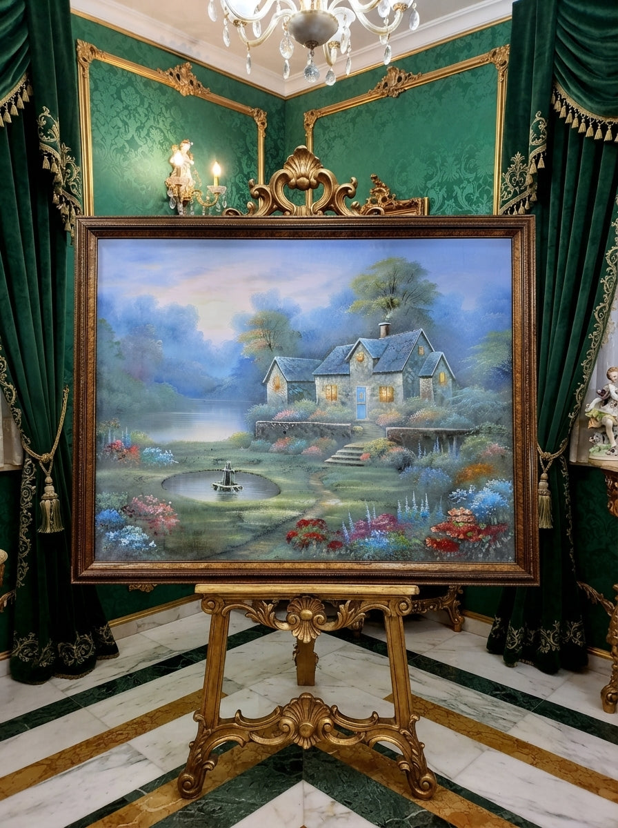 Cabaña de piedra entre jardines floridos – Oleo original🖌️🎨