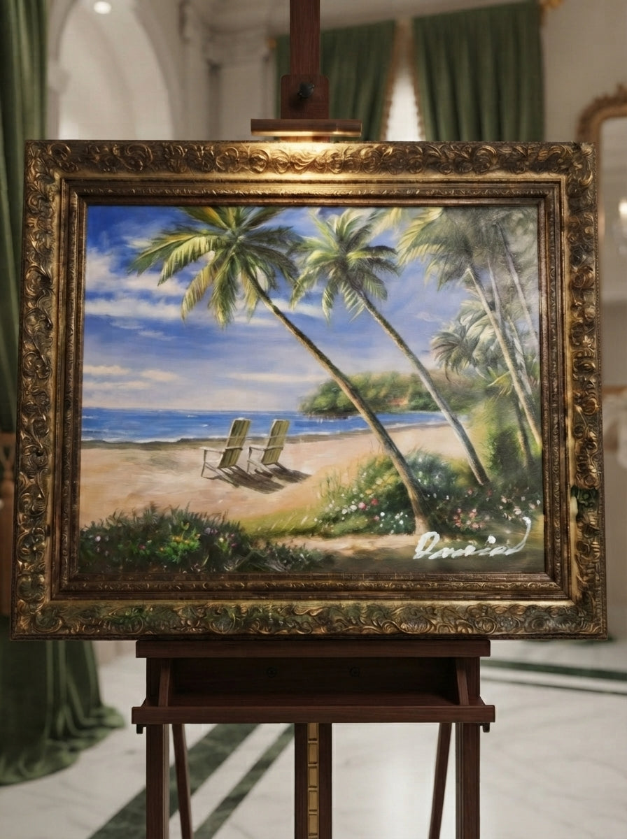 Paisaje tropical con palmeras y flores Pintura Original – Firmado Daniel – 124 x 154 x 9 cm🌴🖌️