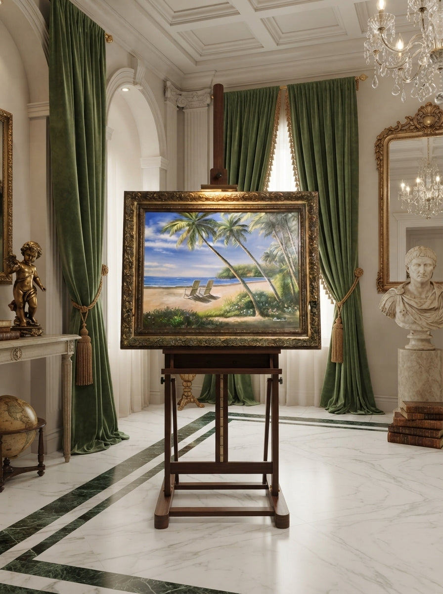 Paisaje tropical con palmeras y flores Pintura Original – Firmado Daniel – 124 x 154 x 9 cm🌴🖌️