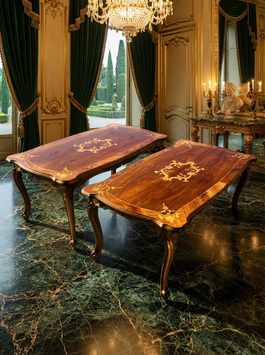 Par de Mesitas Antiguas Europeas – Elegancia y Marquetería Artesanal ✨🏛️🌟