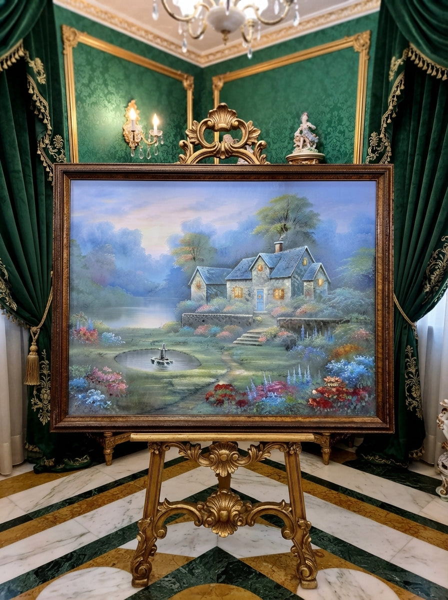 Cabaña de piedra entre jardines floridos – Oleo original🖌️🎨