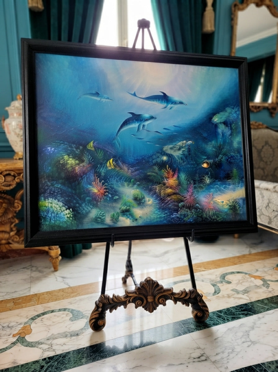 Cuadro al oleo – Familia de Delfines en Armonía Submarina🖌️🎨
