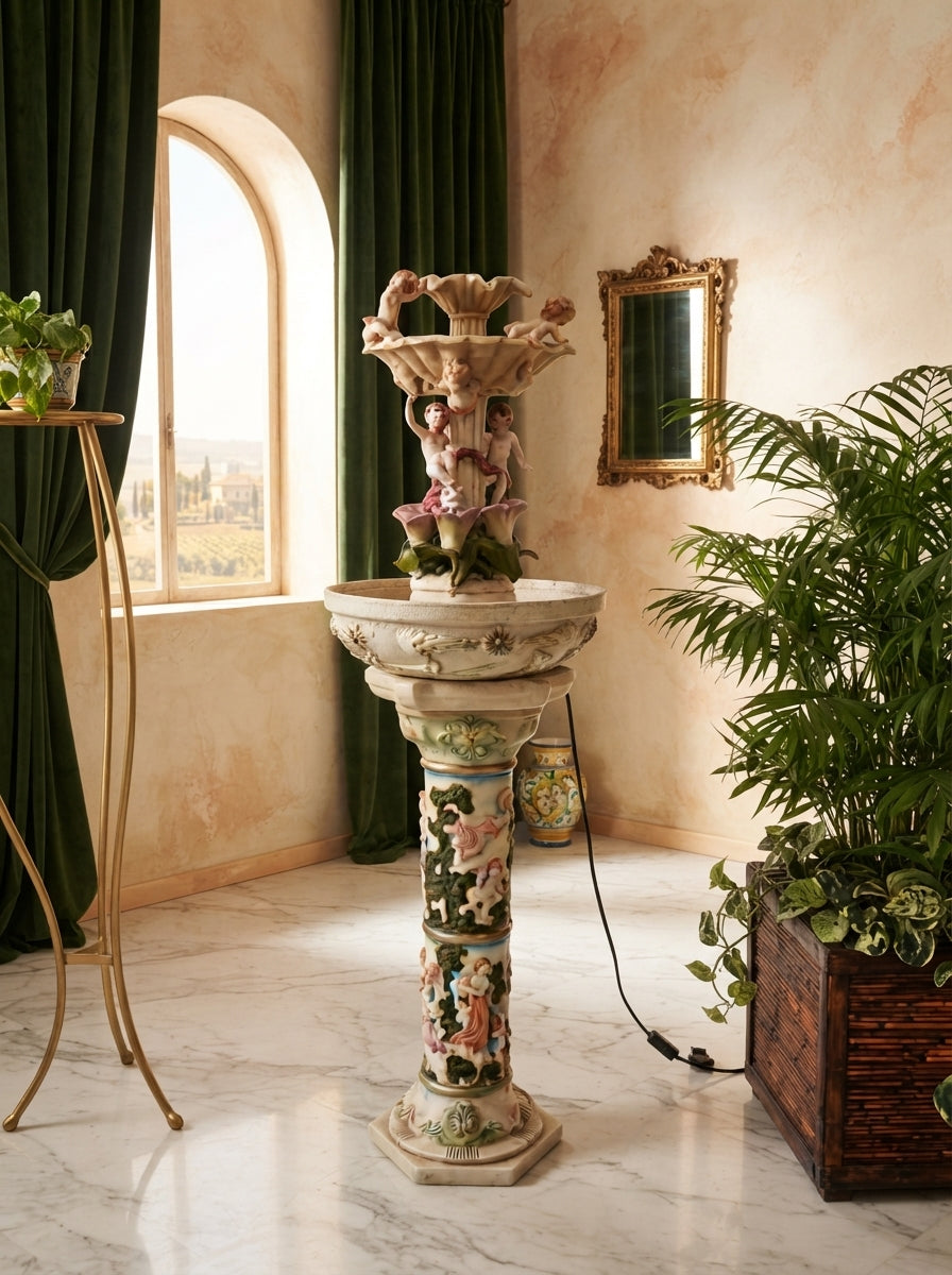 Cherub Fountain with Lilies in Polychrome Resin🕊️