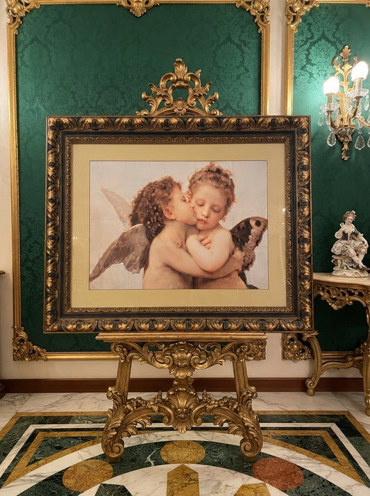 Classical lithograph of two little angels – Carved wooden frame🖌️🎨👼