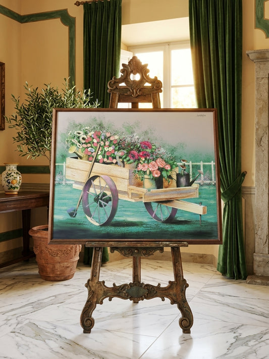 Cuadro al Oleo Firmado – Escena Floral con Carreta Campestre 🌸🌿🖌️
