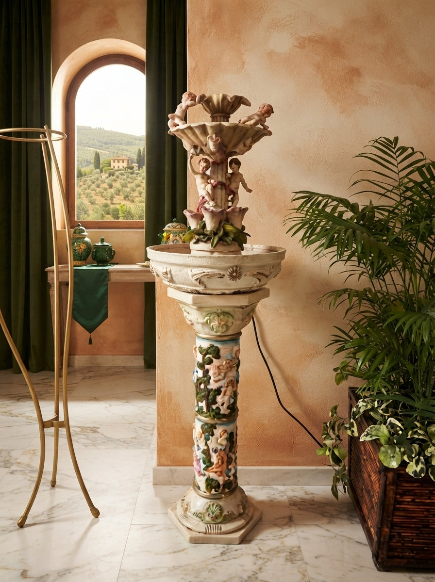 Cherub Fountain with Lilies in Polychrome Resin🕊️