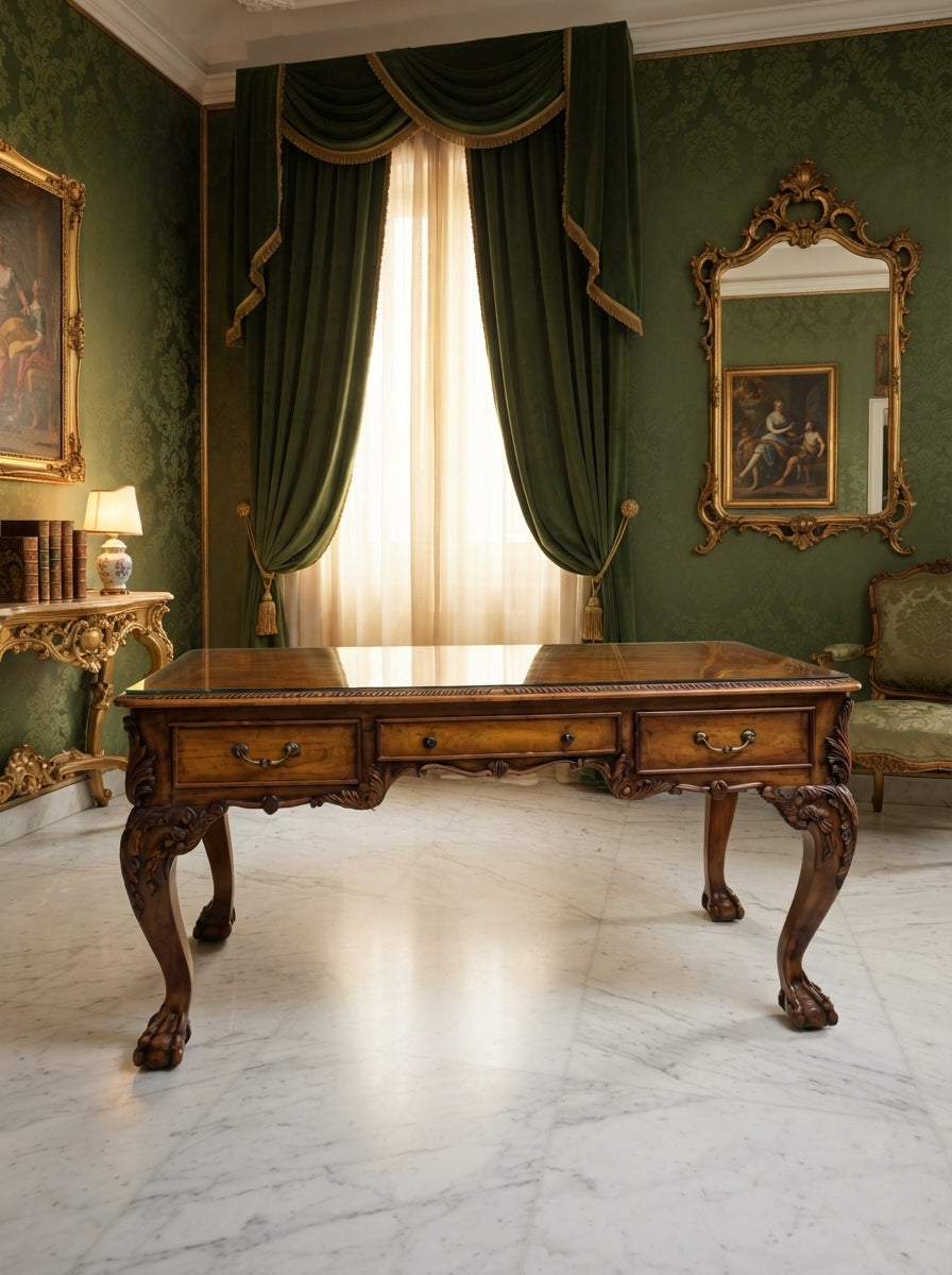 Escritorio de Nogal Estilo Chippendale con Cubierta de Vidrio 🪶⚜️🕊️