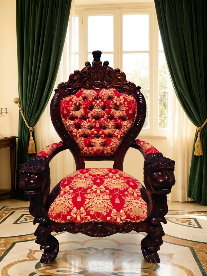 Carved Mahogany Throne Armchair – Power and Distinction 🪞🌿🪶