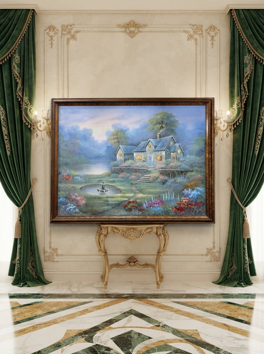 Cabaña de piedra entre jardines floridos – Oleo original🖌️🎨