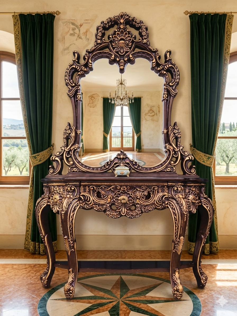 Credenza and Mirror – Homey Design Inc, Classic Style with Golden Carving 🏛️🎭🌿
