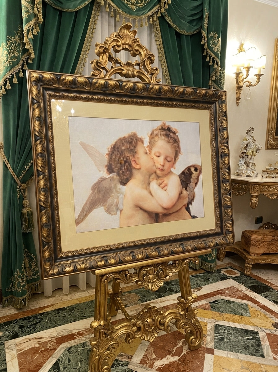 Litografia clasica de dos angelitos – Marco de madera tallada🖌️🎨👼