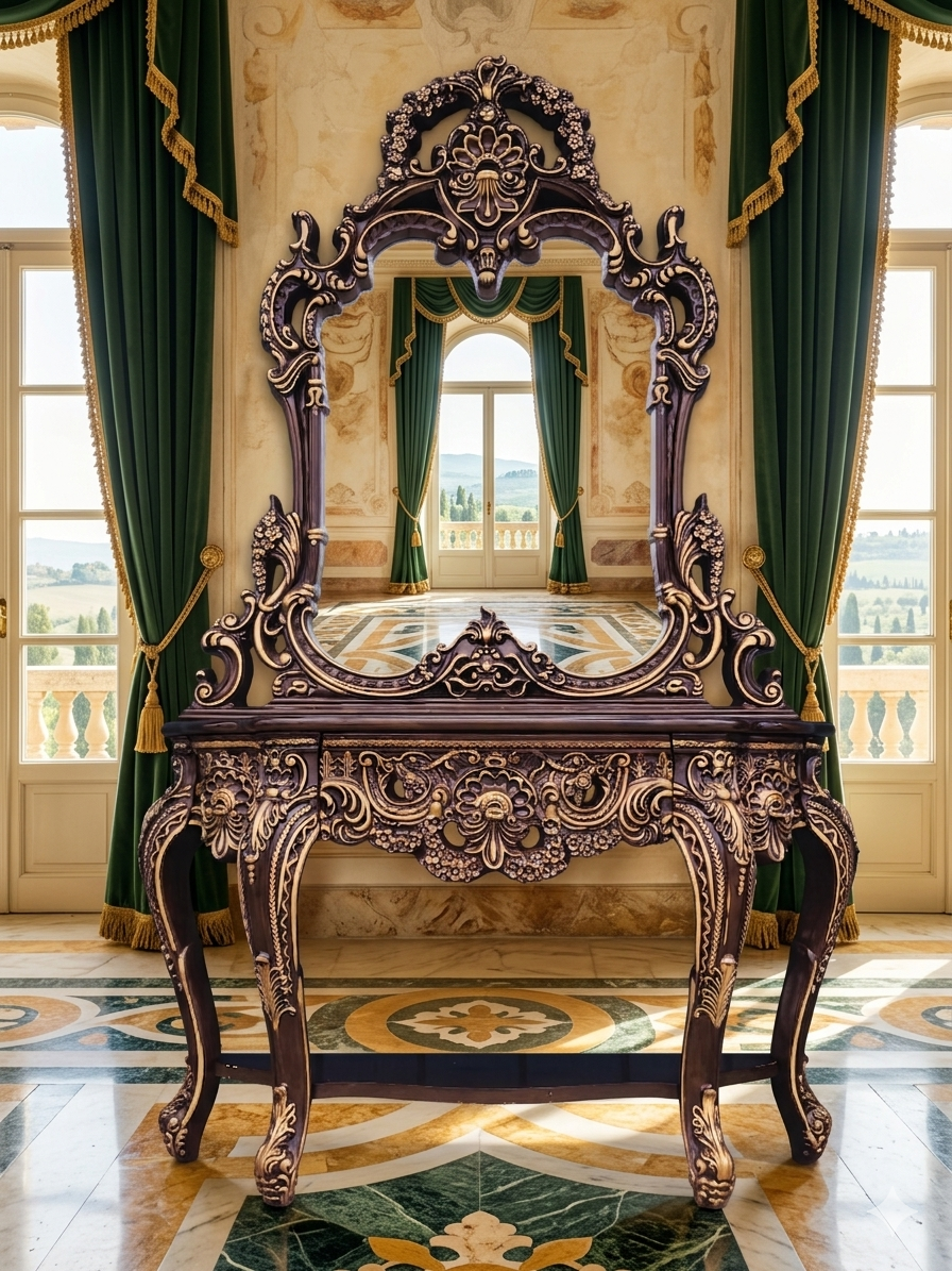 Credenza and Mirror – Homey Design Inc, Classic Style with Golden Carving 🏛️🎭🌿