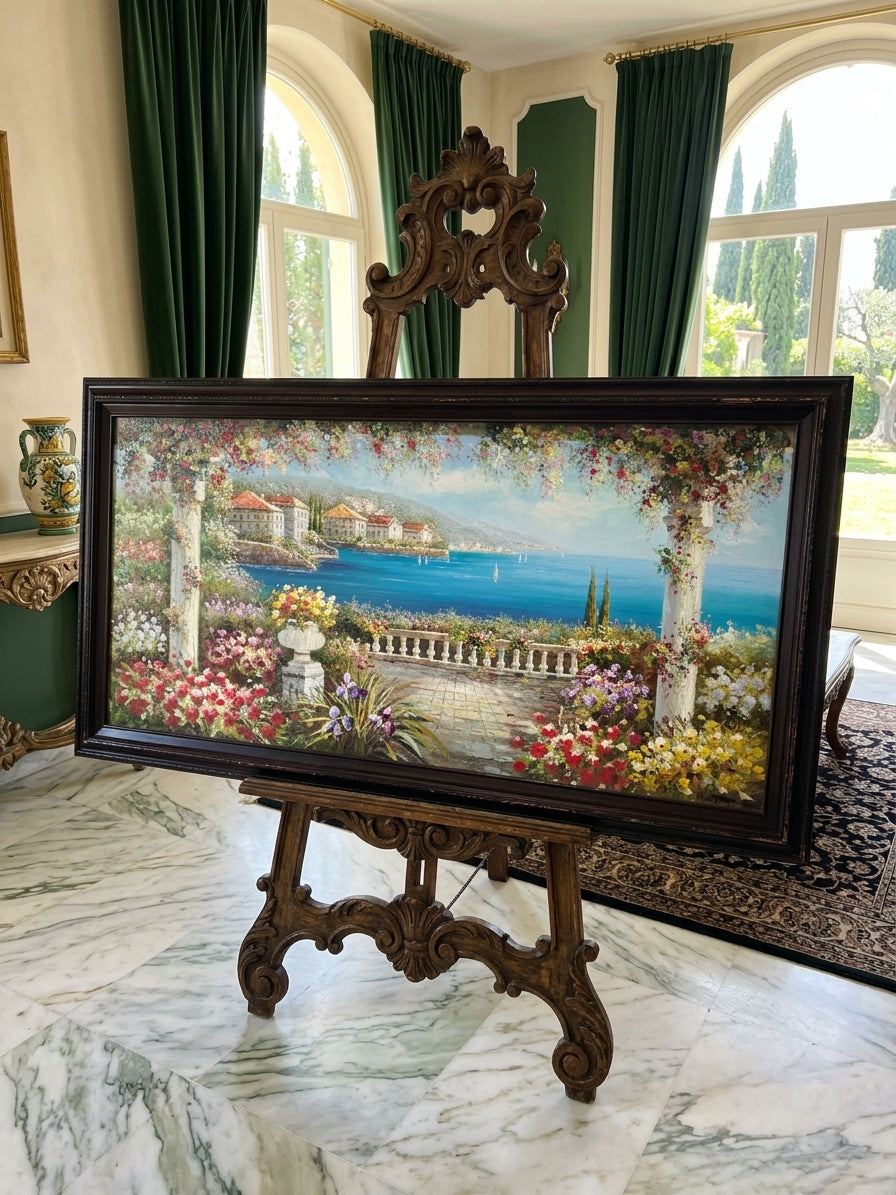 Cuadro al Oleo Firmado por S.N.L. – Paisaje Costero Mediterráneo 🌸🏛️🌸