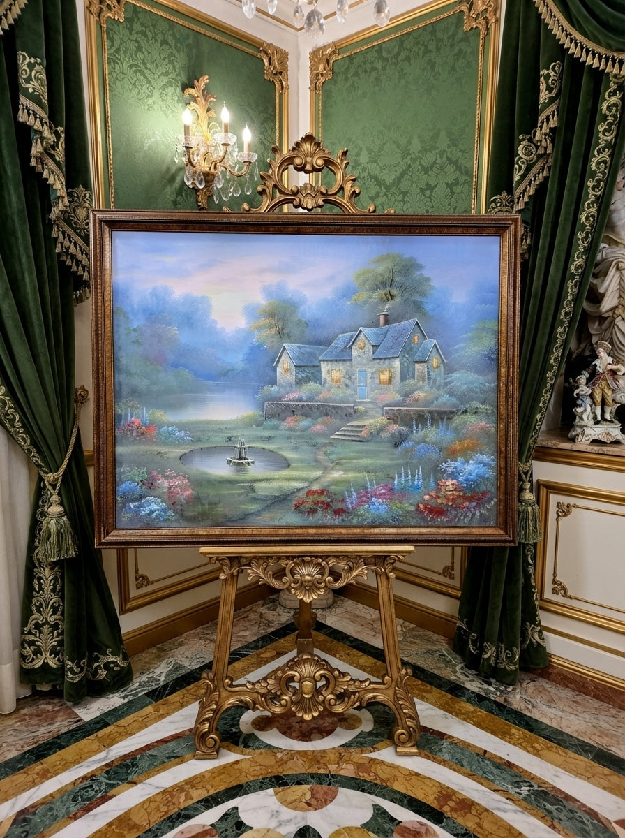 Cabaña de piedra entre jardines floridos – Oleo original🖌️🎨