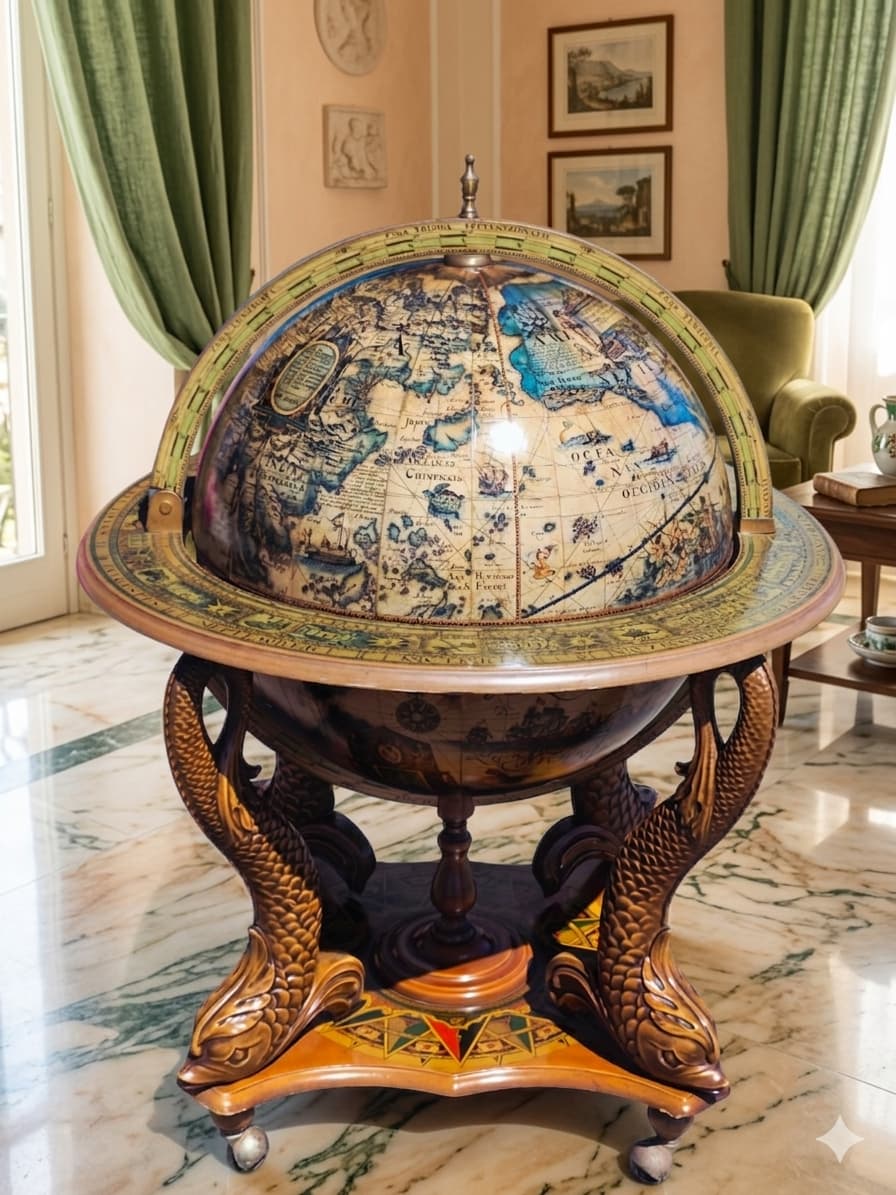 Antique Globe Bar Cabinet – Art, History, and Elegance 🪞🌿🗿