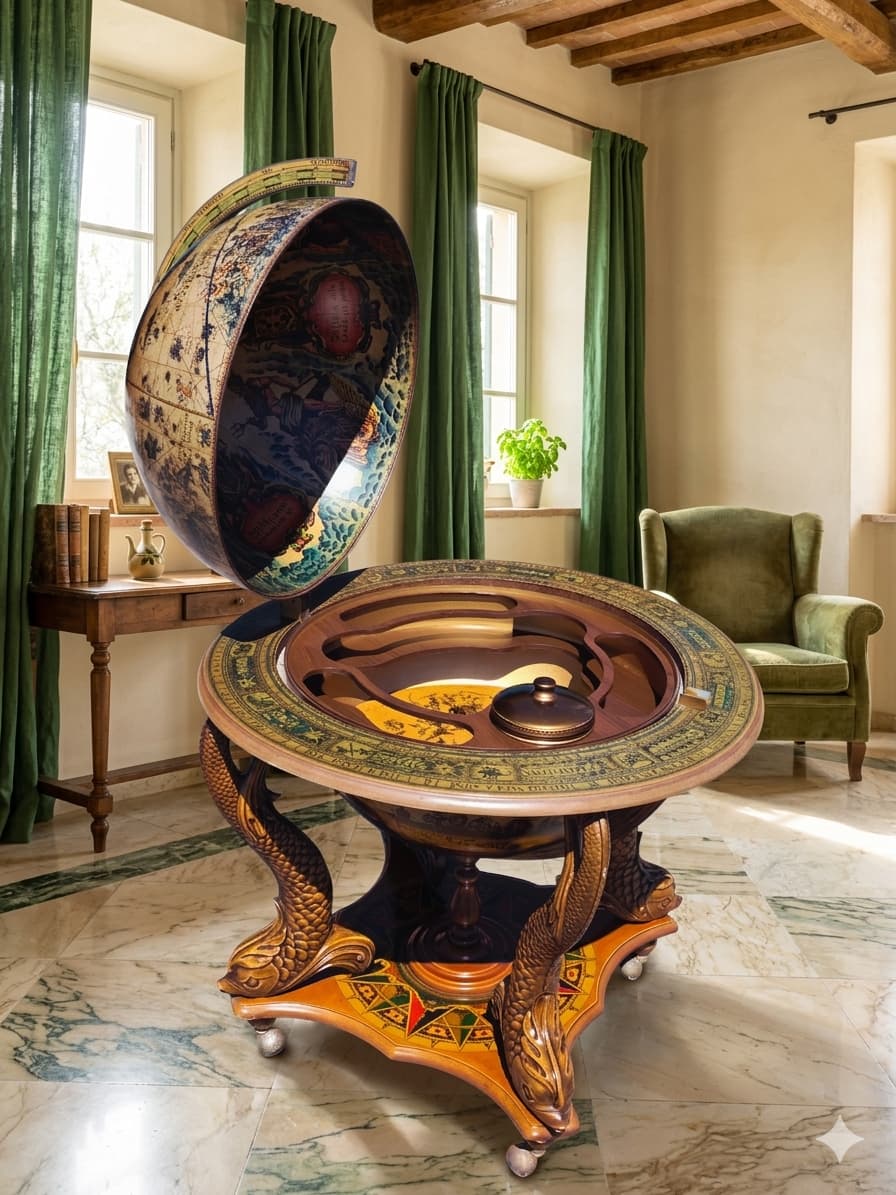 Antique Globe Bar Cabinet – Art, History, and Elegance 🪞🌿🗿