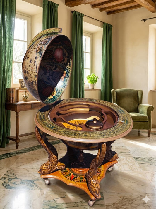 Globo Terraqueo Antiguo con gabinete bar – Arte, historia y elegancia 🪞🌿🗿