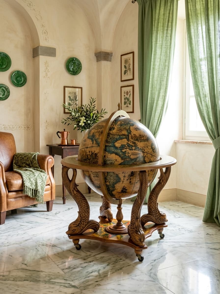Antique Globe Bar Cabinet – Art, History, and Elegance 🪞🌿🗿