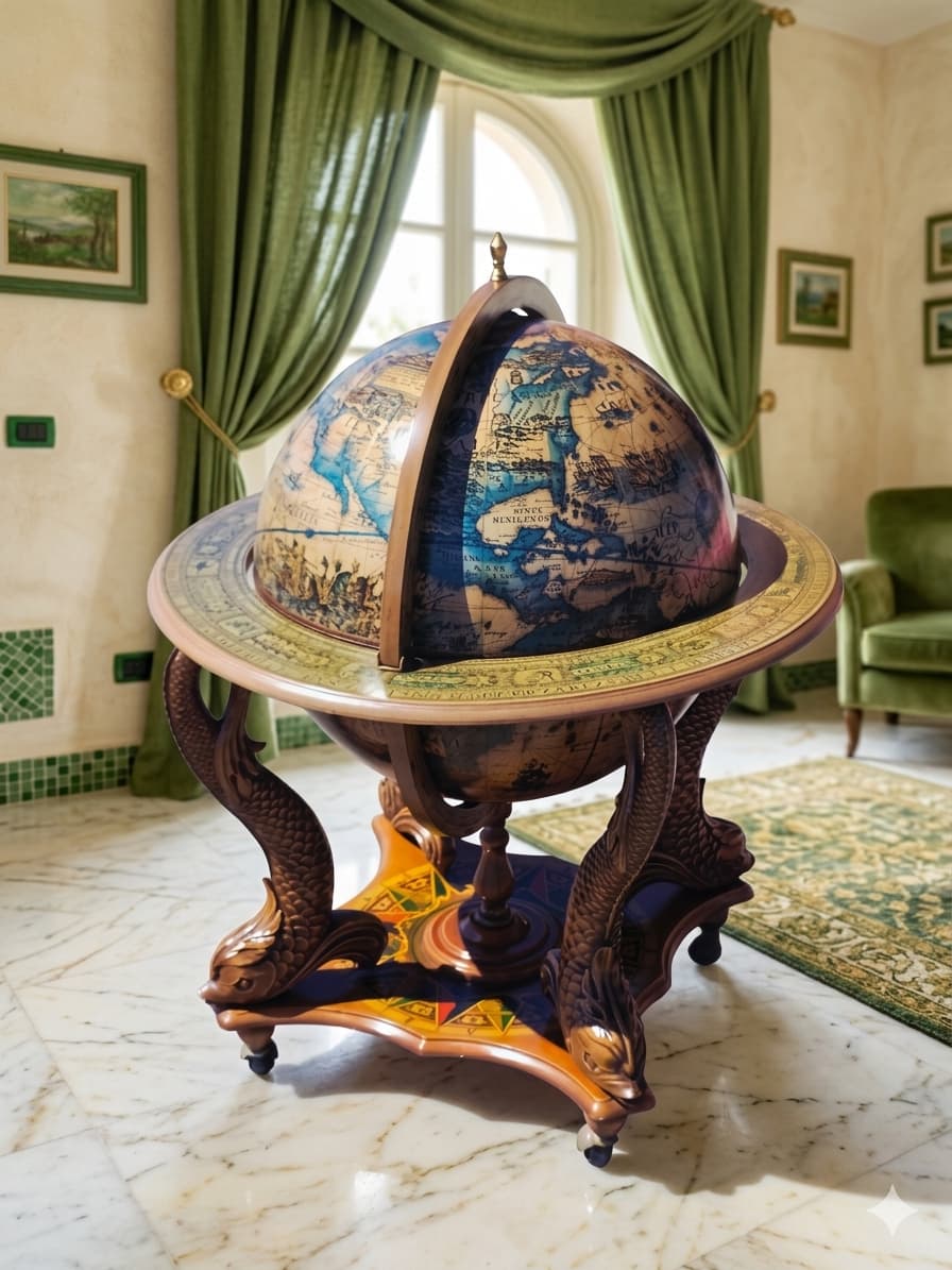 Antique Globe Bar Cabinet – Art, History, and Elegance 🪞🌿🗿