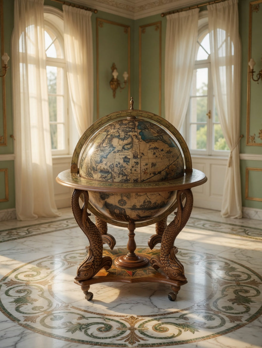Antique Globe Bar Cabinet – Art, History, and Elegance 🪞🌿🗿