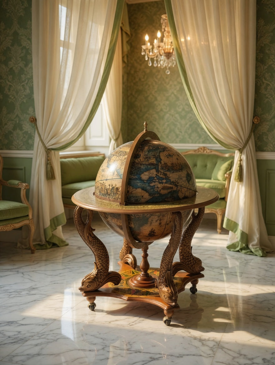 Antique Globe Bar Cabinet – Art, History, and Elegance 🪞🌿🗿