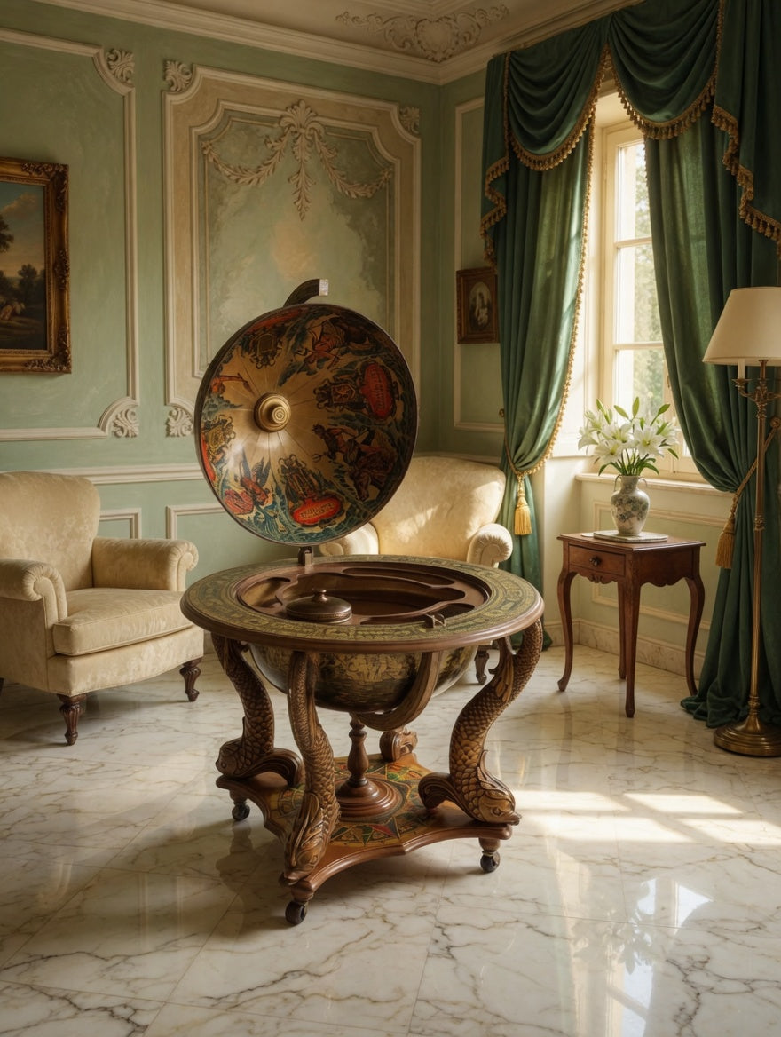 Antique Globe Bar Cabinet – Art, History, and Elegance 🪞🌿🗿