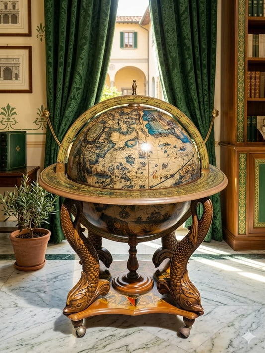 Globo Terraqueo Antiguo con gabinete bar – Arte, historia y elegancia 🪞🌿🗿