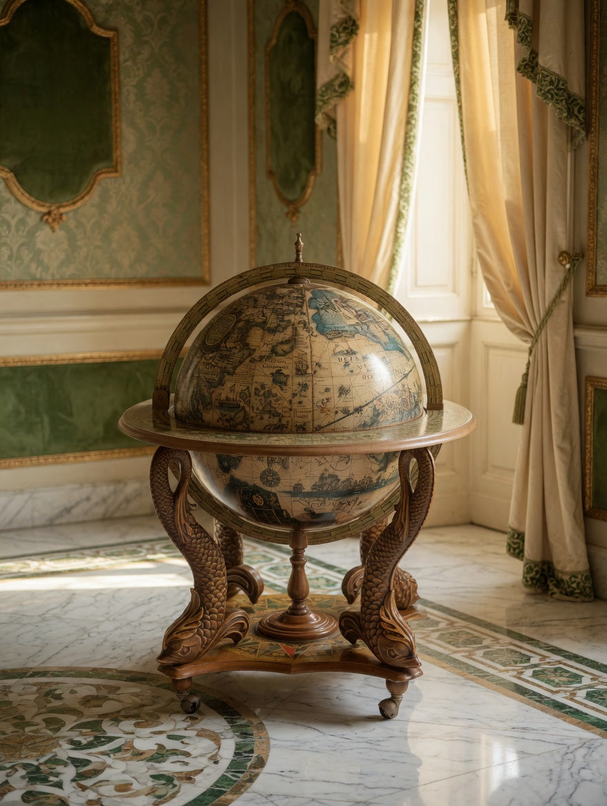 Antique Globe Bar Cabinet – Art, History, and Elegance 🪞🌿🗿