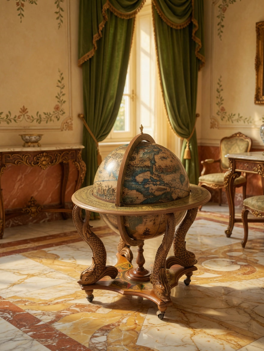 Antique Globe Bar Cabinet – Art, History, and Elegance 🪞🌿🗿