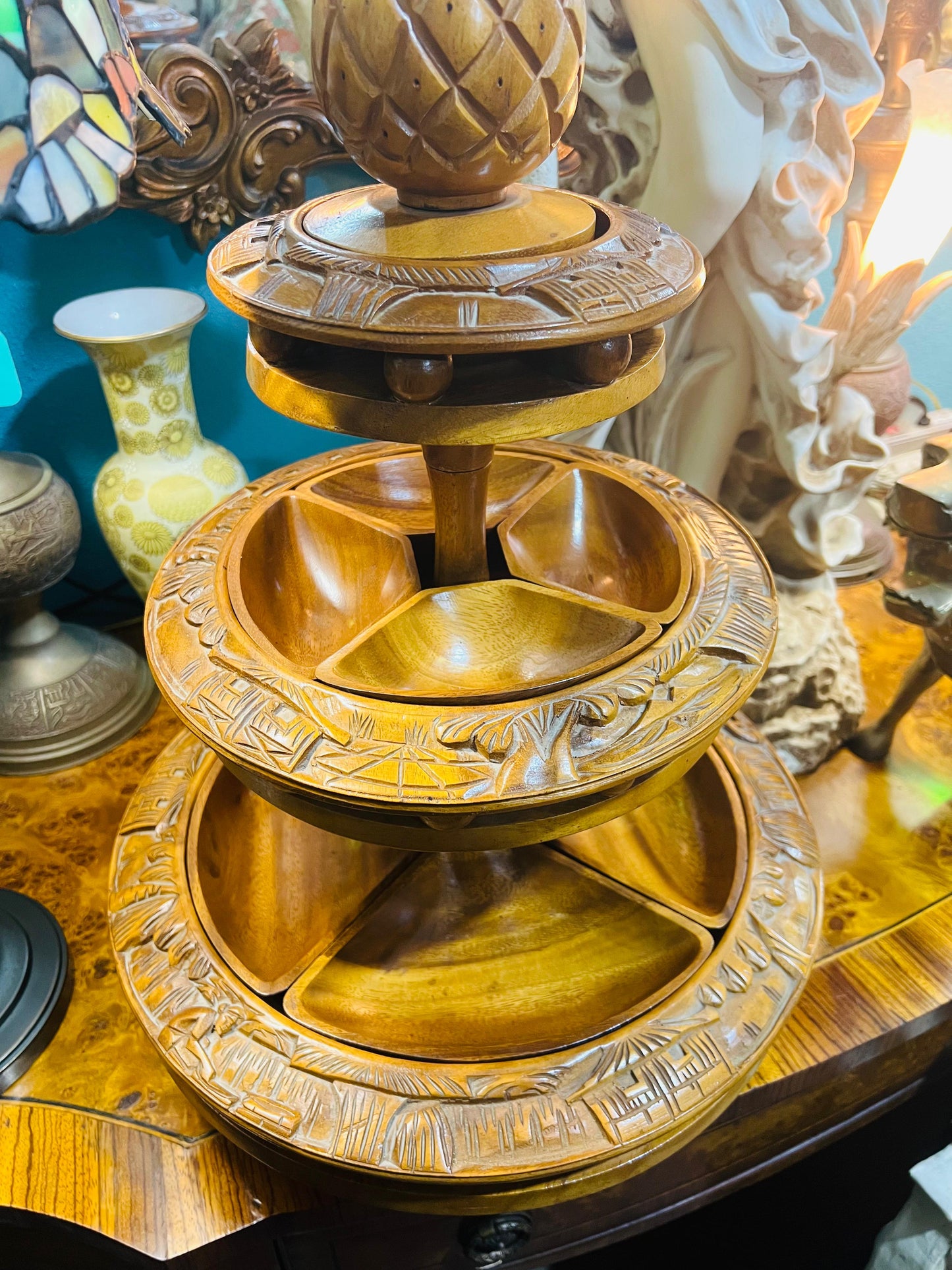 ✨Mid Century 3-Tier Lazy Susan, Wooden Monkey Pod✨