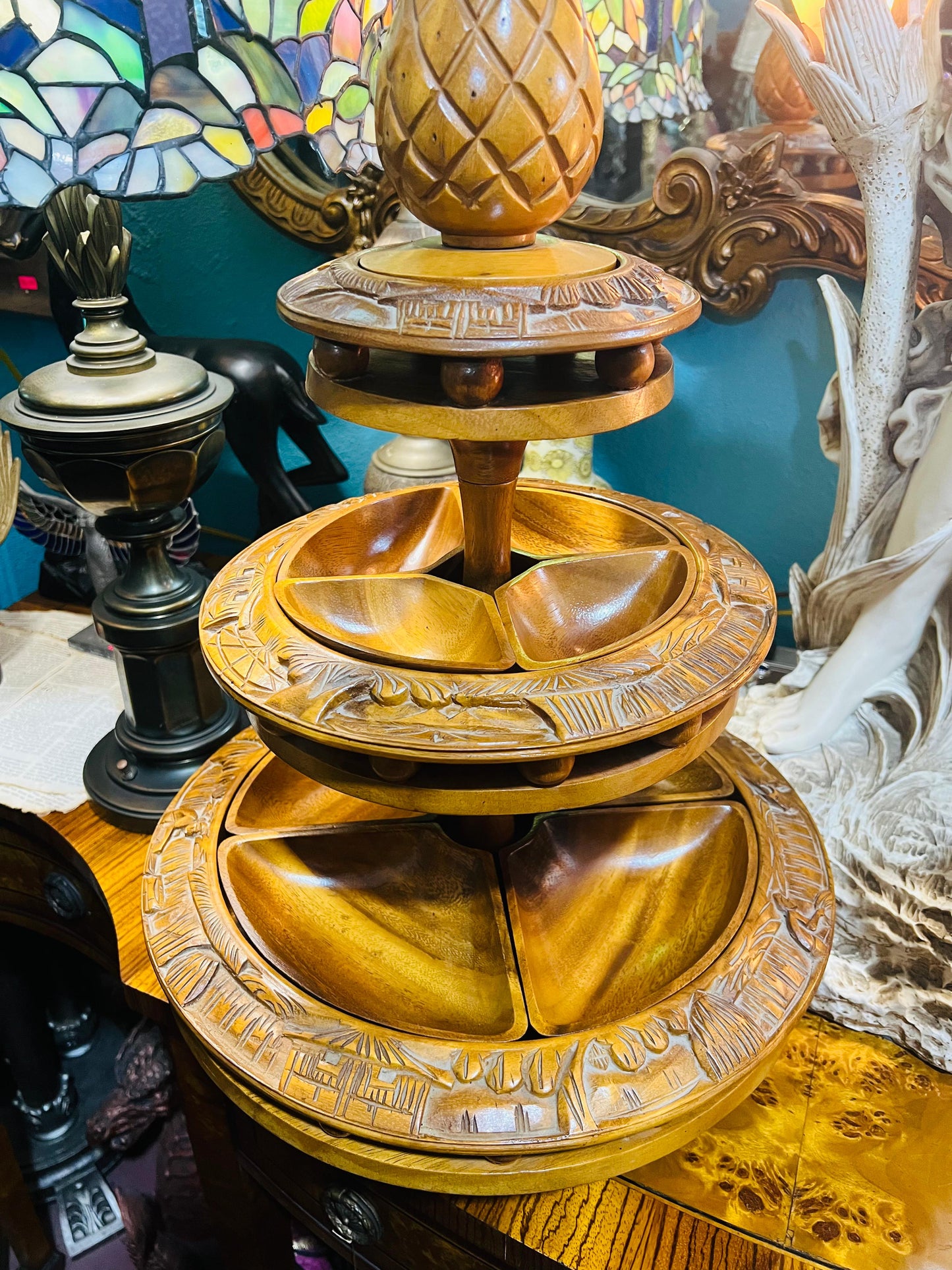 ✨Mid Century 3-Tier Lazy Susan, Wooden Monkey Pod✨