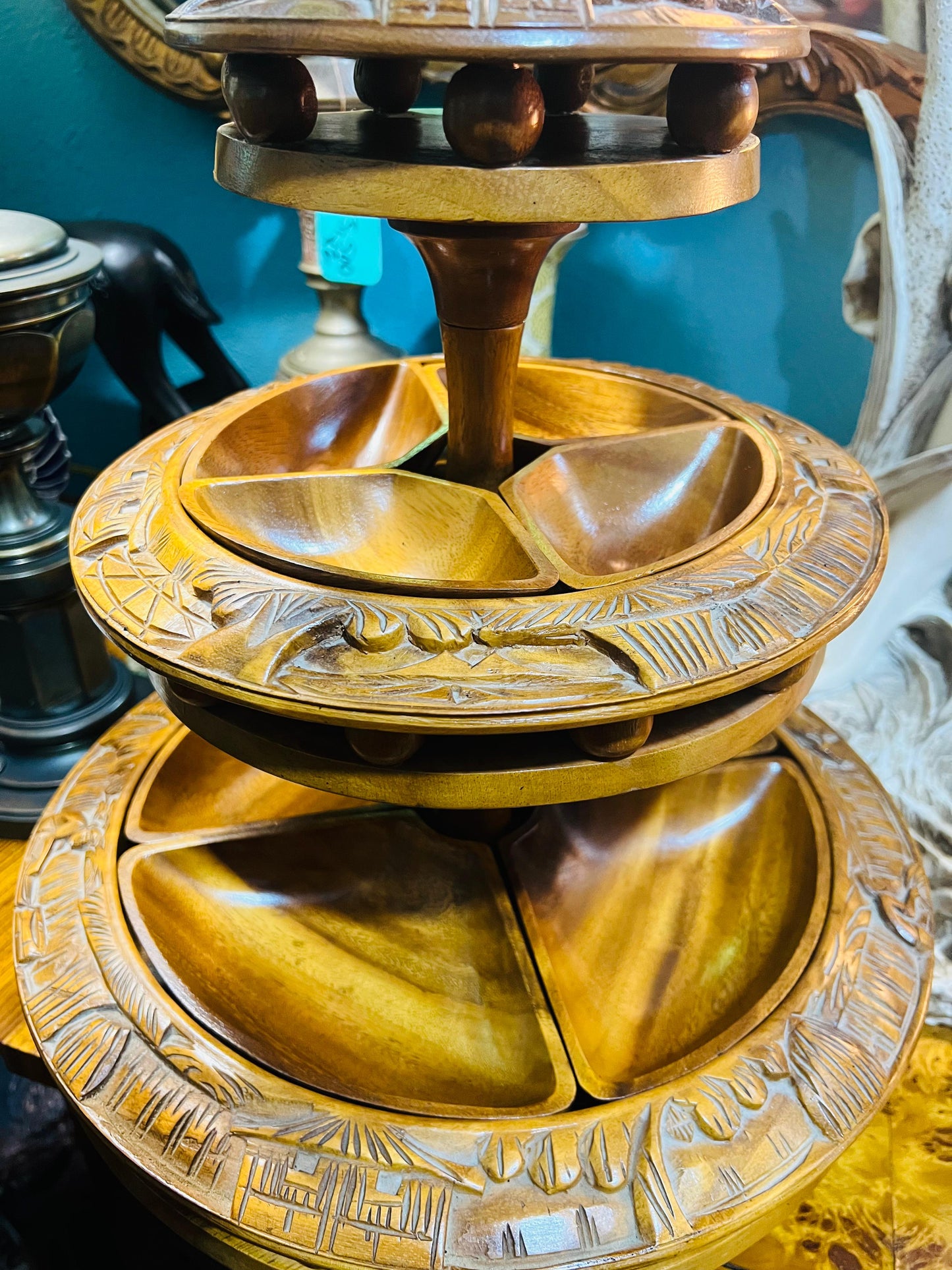 ✨Mid Century 3-Tier Lazy Susan, Wooden Monkey Pod✨