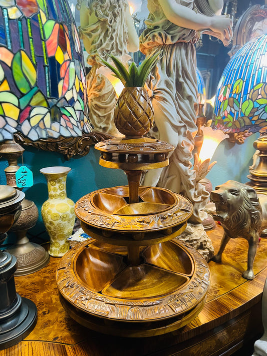 ✨Mid Century 3-Tier Lazy Susan, Wooden Monkey Pod✨