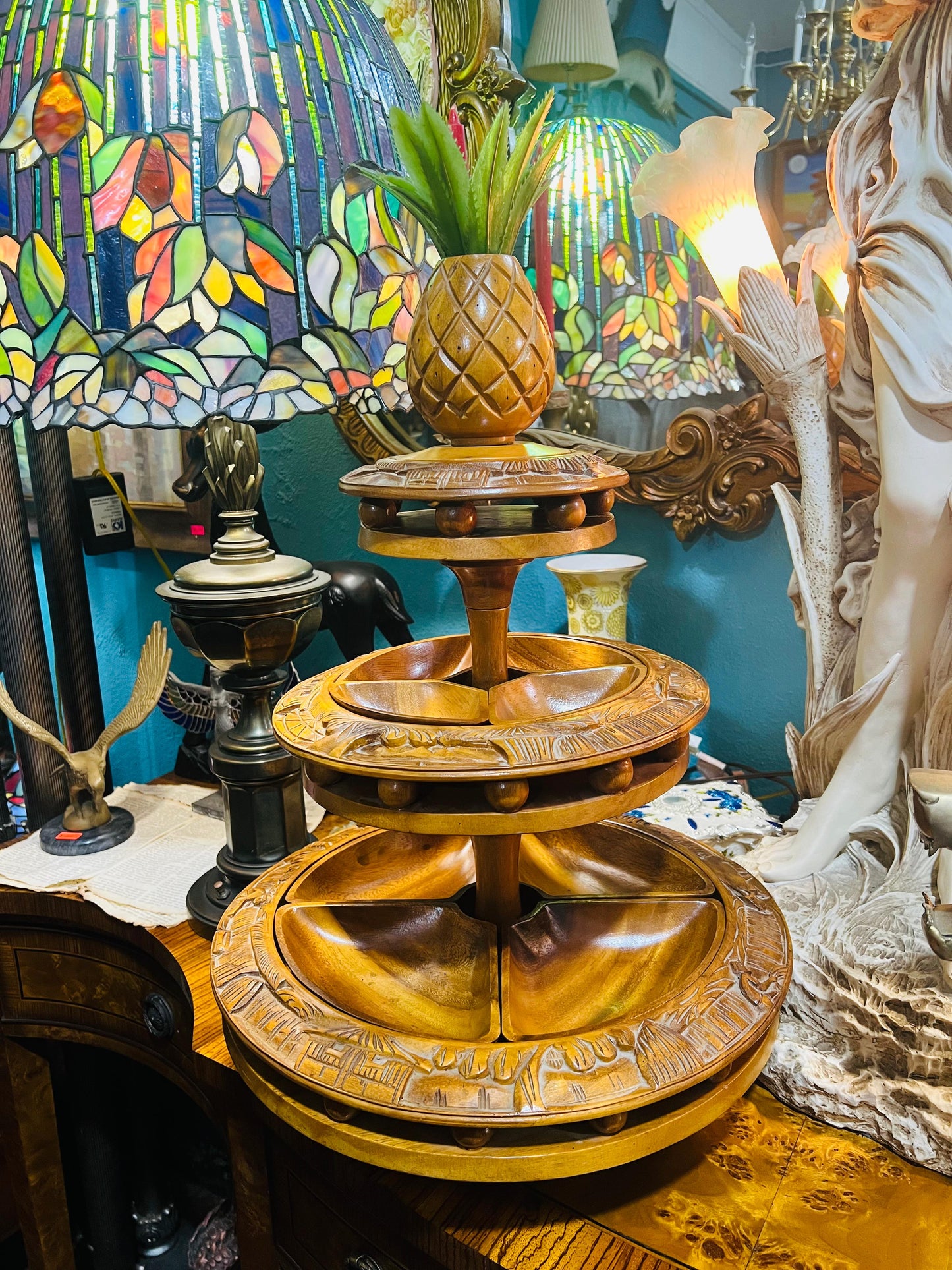 ✨Mid Century 3-Tier Lazy Susan, Wooden Monkey Pod✨