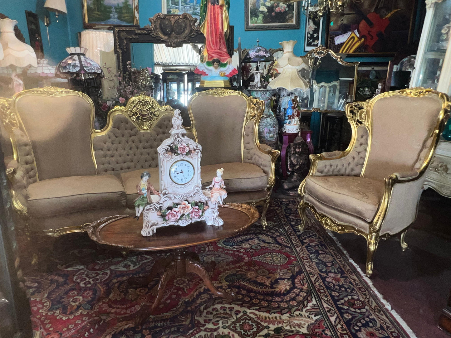 🇫🇷 Elegante Sala de 7 Piezas Marco decorado en hoja de oro solido 🇫🇷