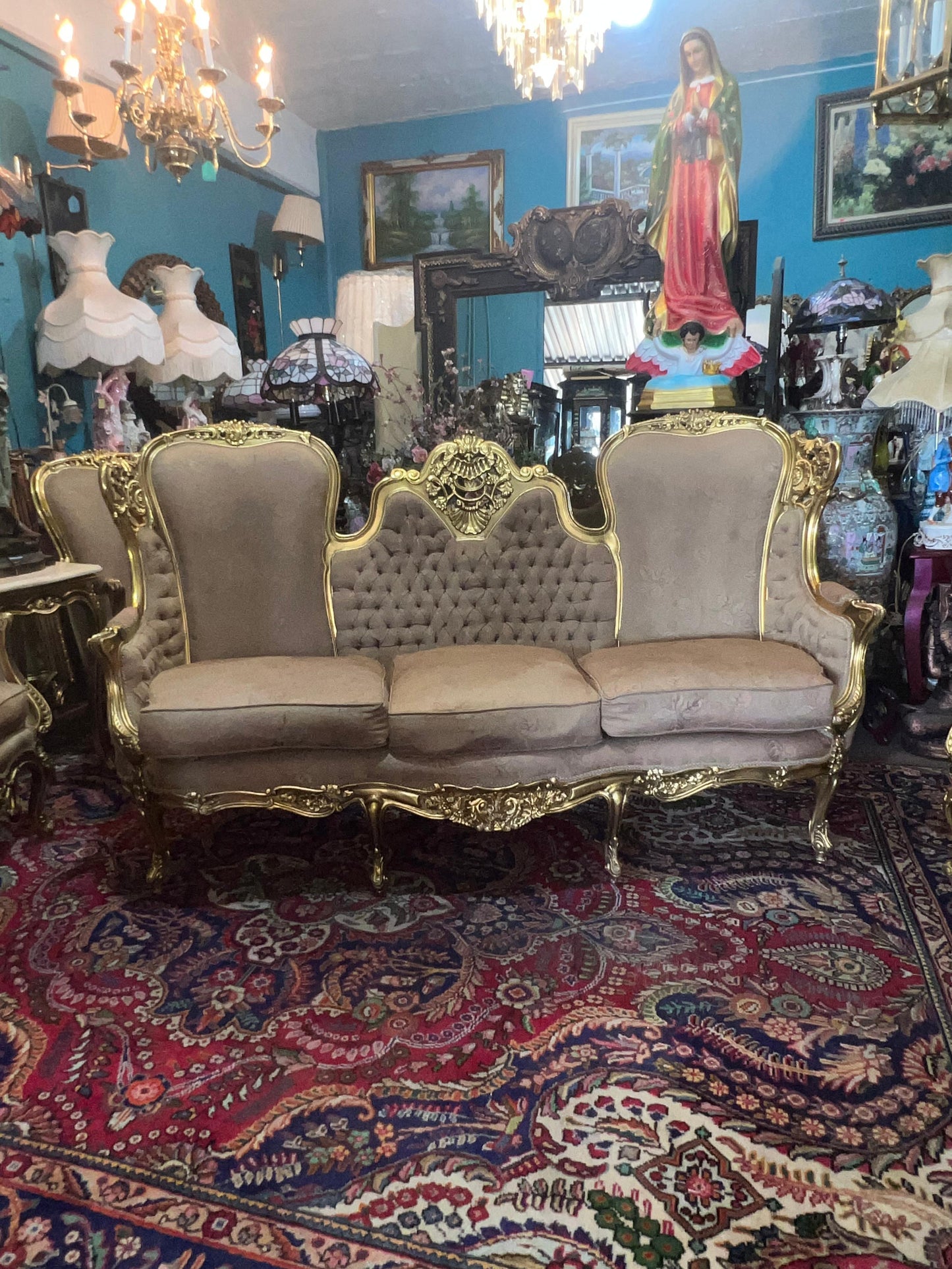 🇫🇷 Elegante Sala de 7 Piezas Marco decorado en hoja de oro solido 🇫🇷