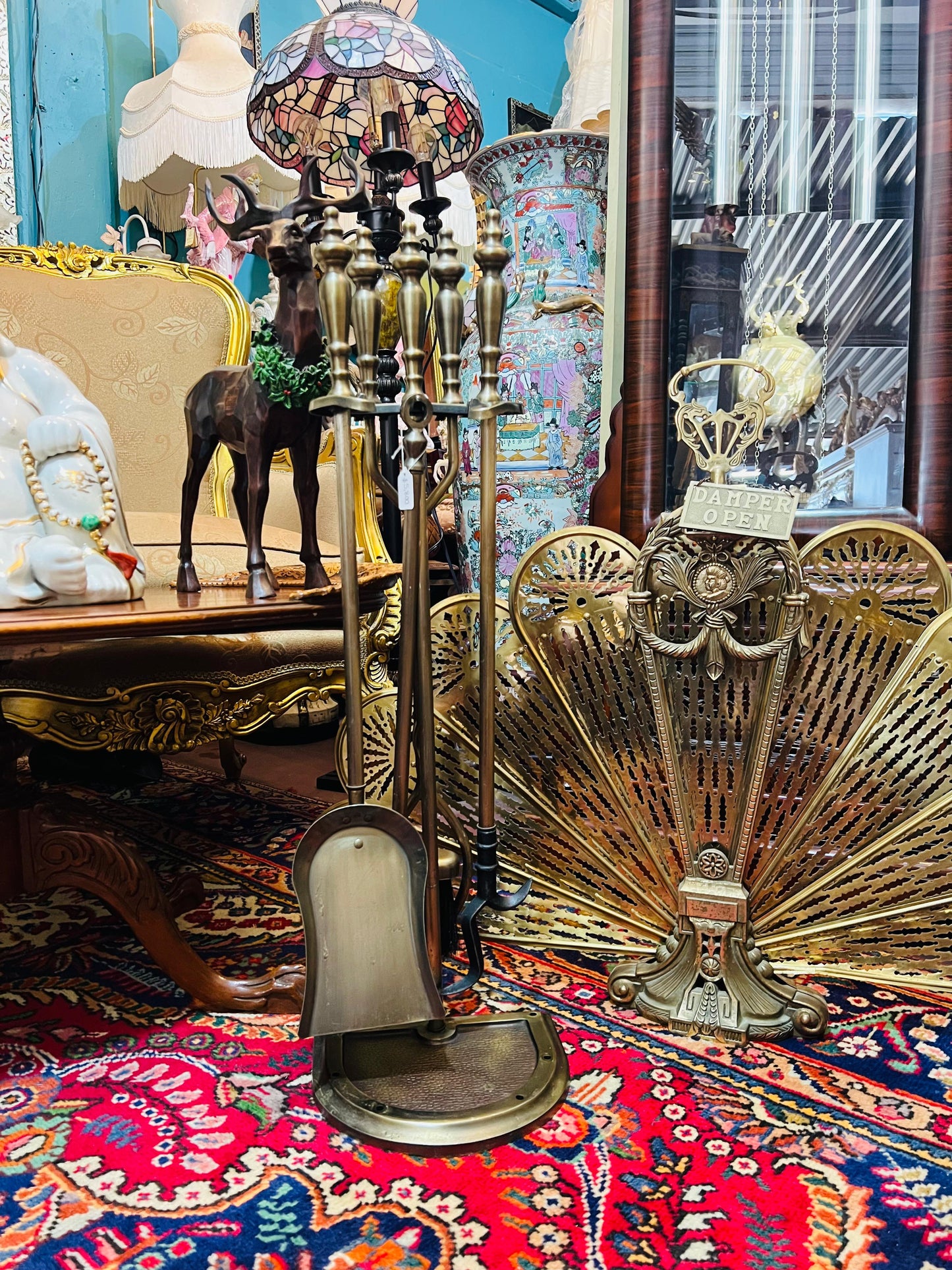 🌟 Antique Brass Fireplace Tool Set with Fireplace Screen🔥✨