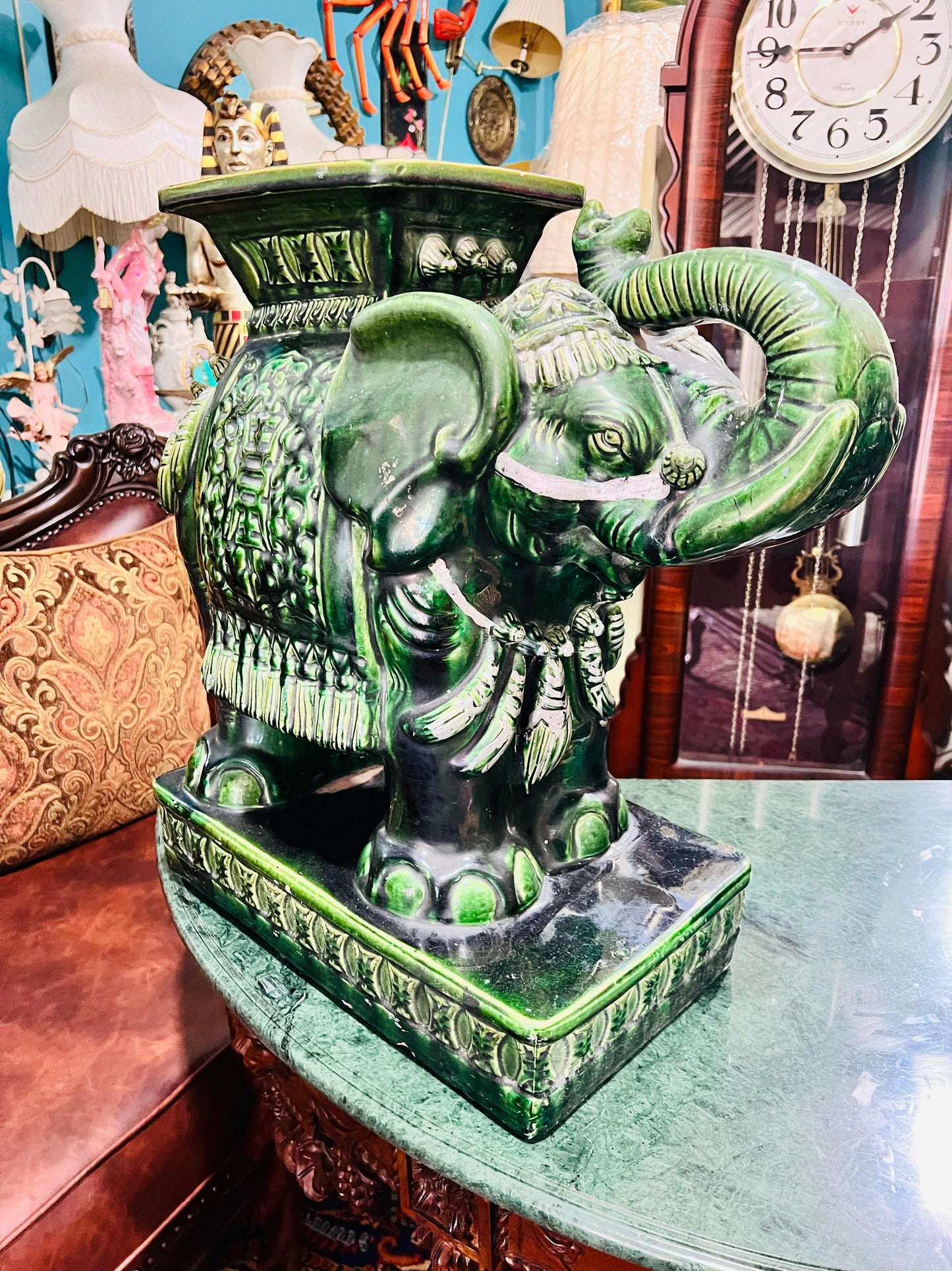 💚🐘💚Elefantes Cerámicos Vintage - Asiento o Mesa Auxiliar en Estilo Boho Majolica Verde💚🐘💚