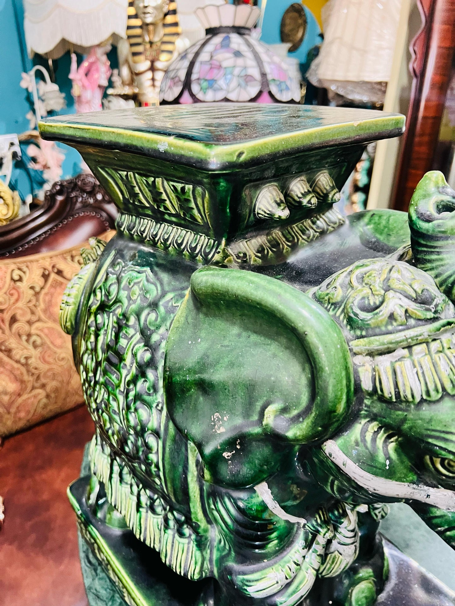 💚🐘💚Elefantes Cerámicos Vintage - Asiento o Mesa Auxiliar en Estilo Boho Majolica Verde💚🐘💚