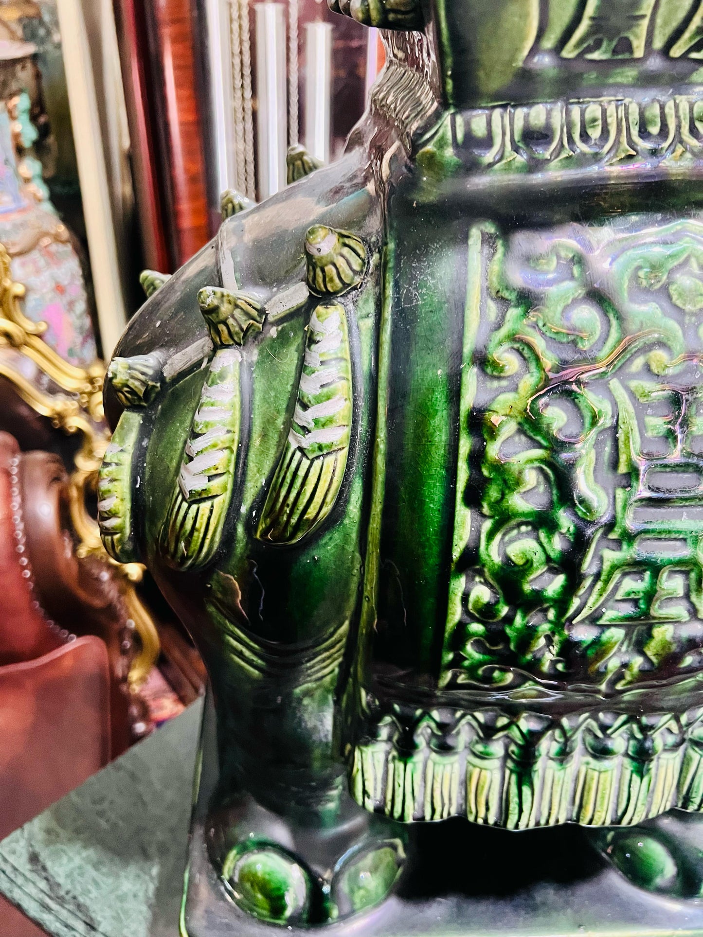 💚🐘💚Elefantes Cerámicos Vintage - Asiento o Mesa Auxiliar en Estilo Boho Majolica Verde💚🐘💚