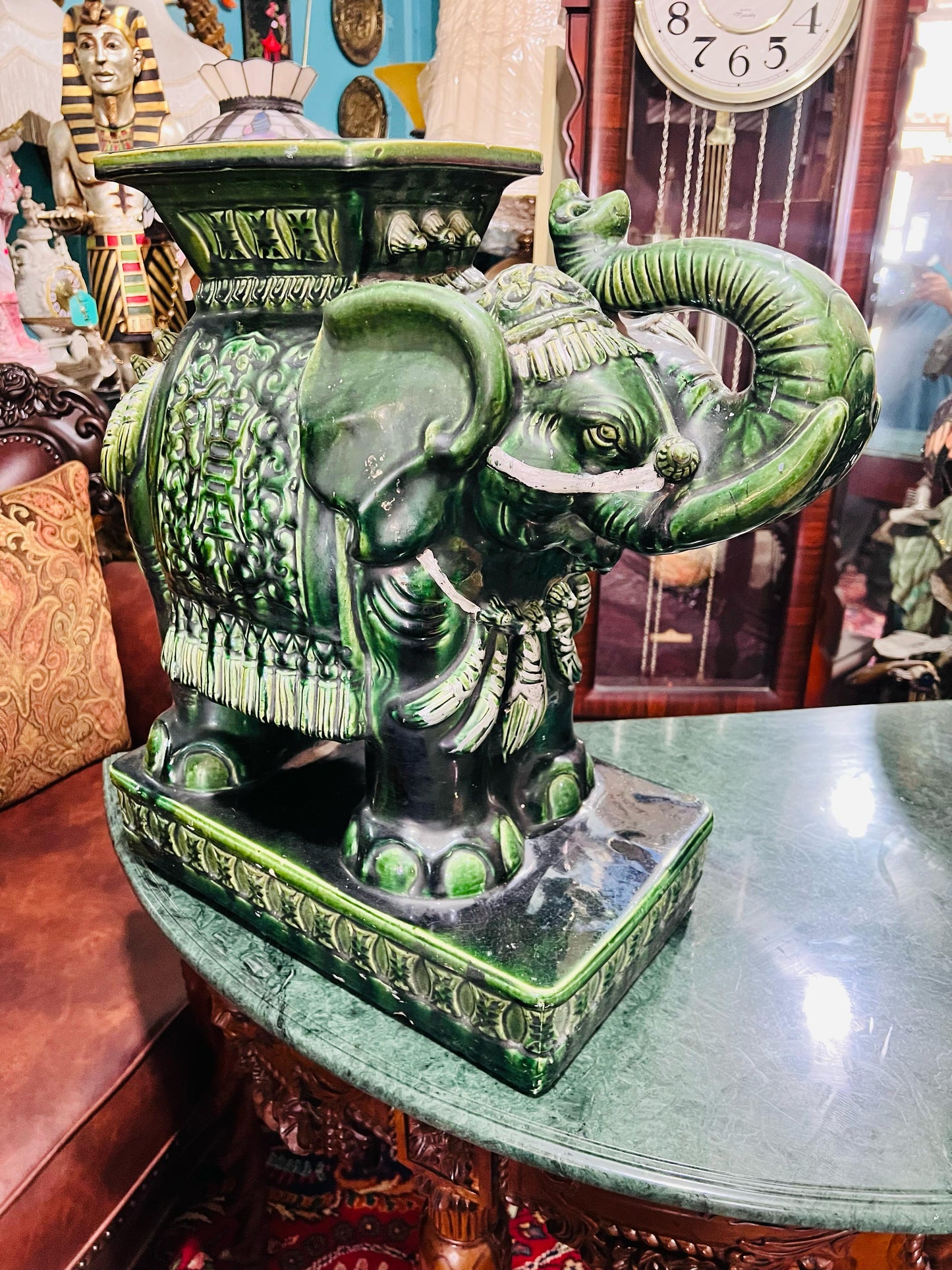 💚🐘💚Elefantes Cerámicos Vintage - Asiento o Mesa Auxiliar en Estilo Boho Majolica Verde💚🐘💚