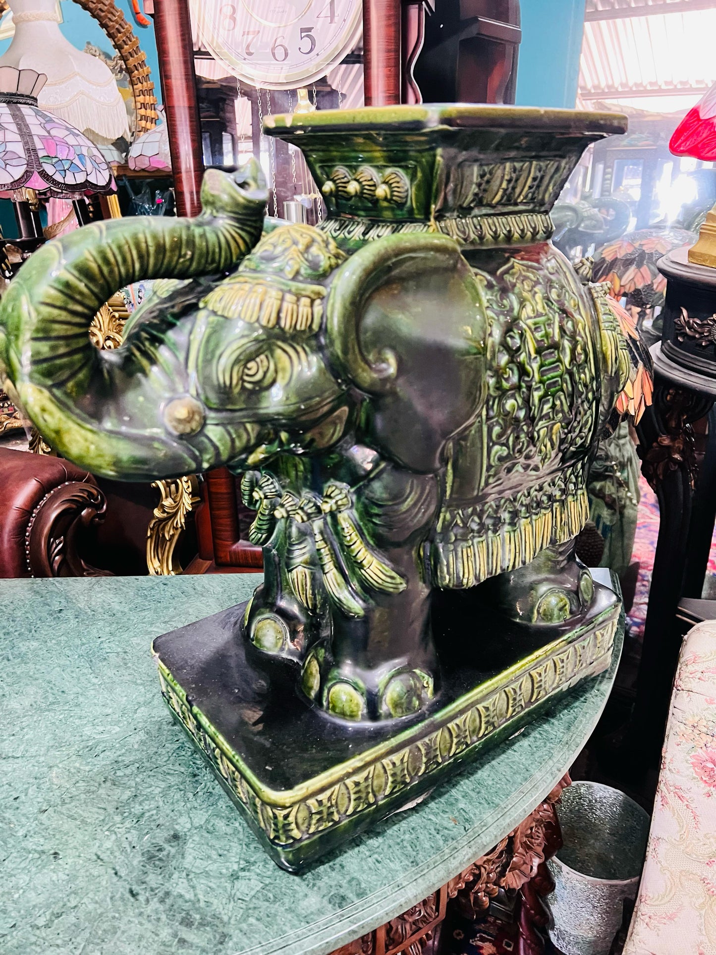 💚🐘💚Elefantes Cerámicos Vintage - Asiento o Mesa Auxiliar en Estilo Boho Majolica Verde💚🐘💚