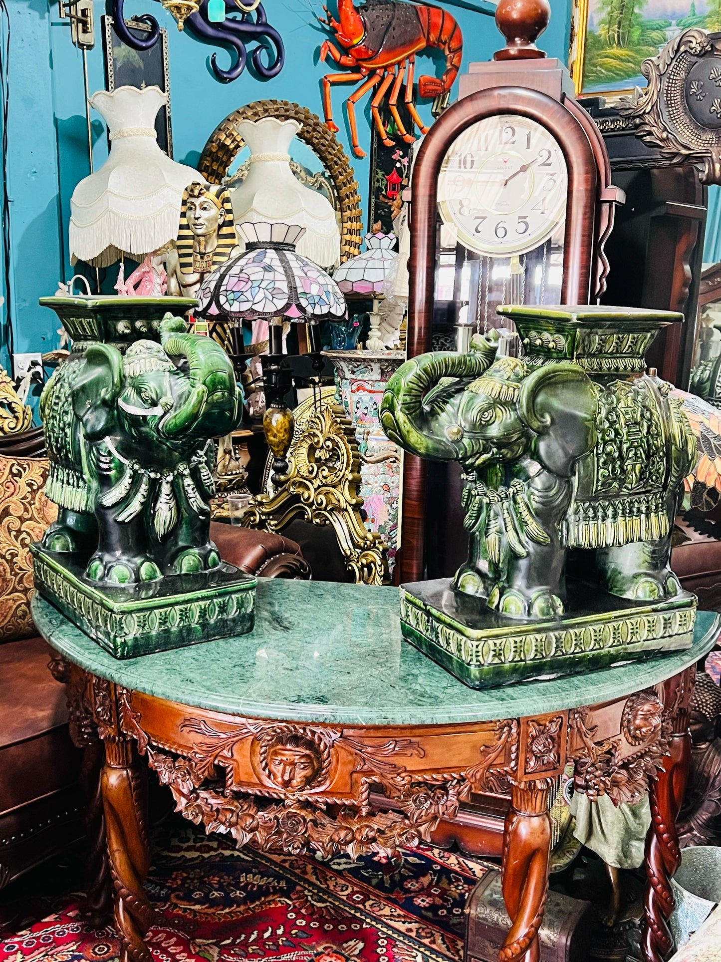💚🐘💚Elefantes Cerámicos Vintage - Asiento o Mesa Auxiliar en Estilo Boho Majolica Verde💚🐘💚