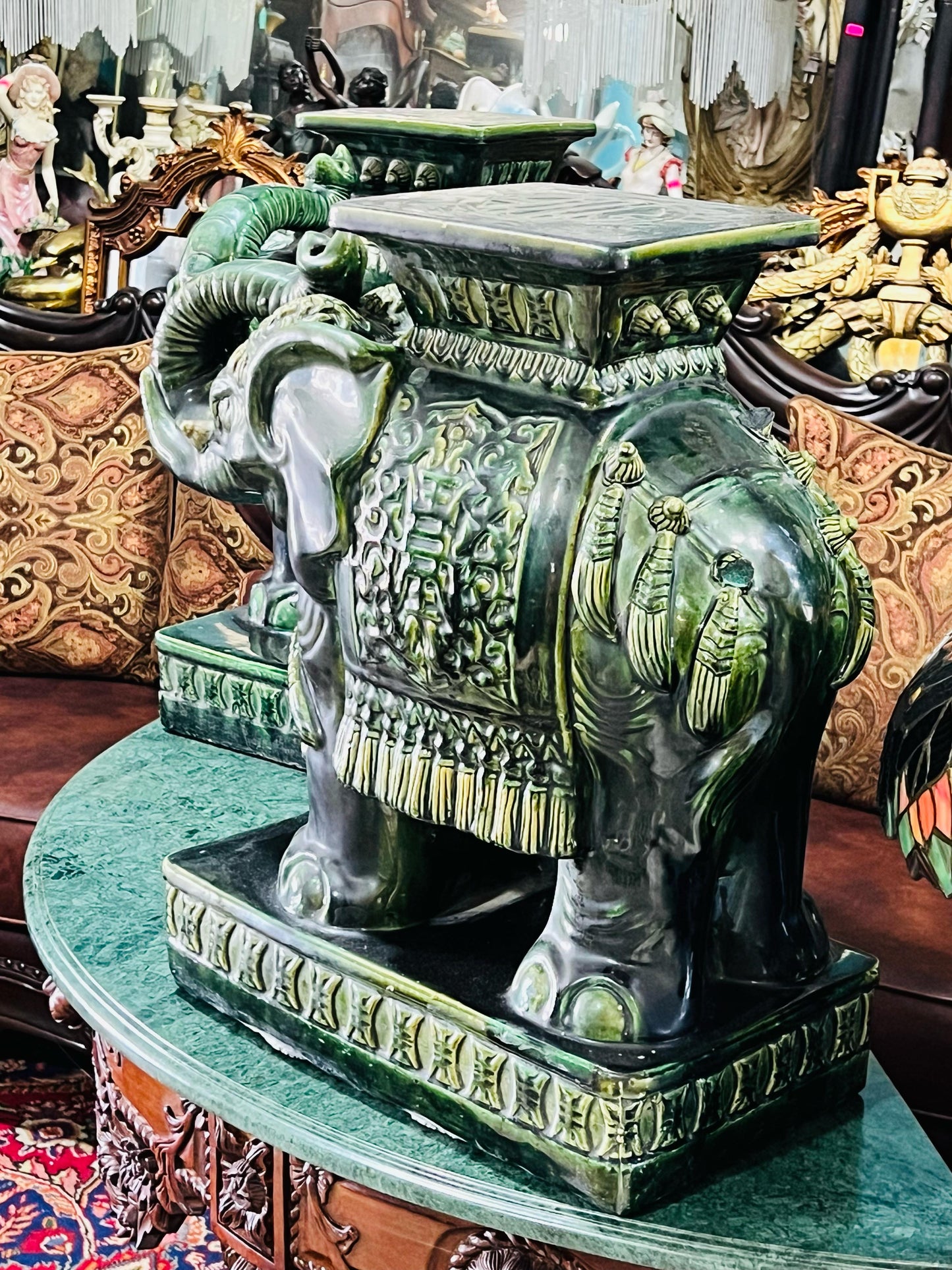 💚🐘💚Elefantes Cerámicos Vintage - Asiento o Mesa Auxiliar en Estilo Boho Majolica Verde💚🐘💚