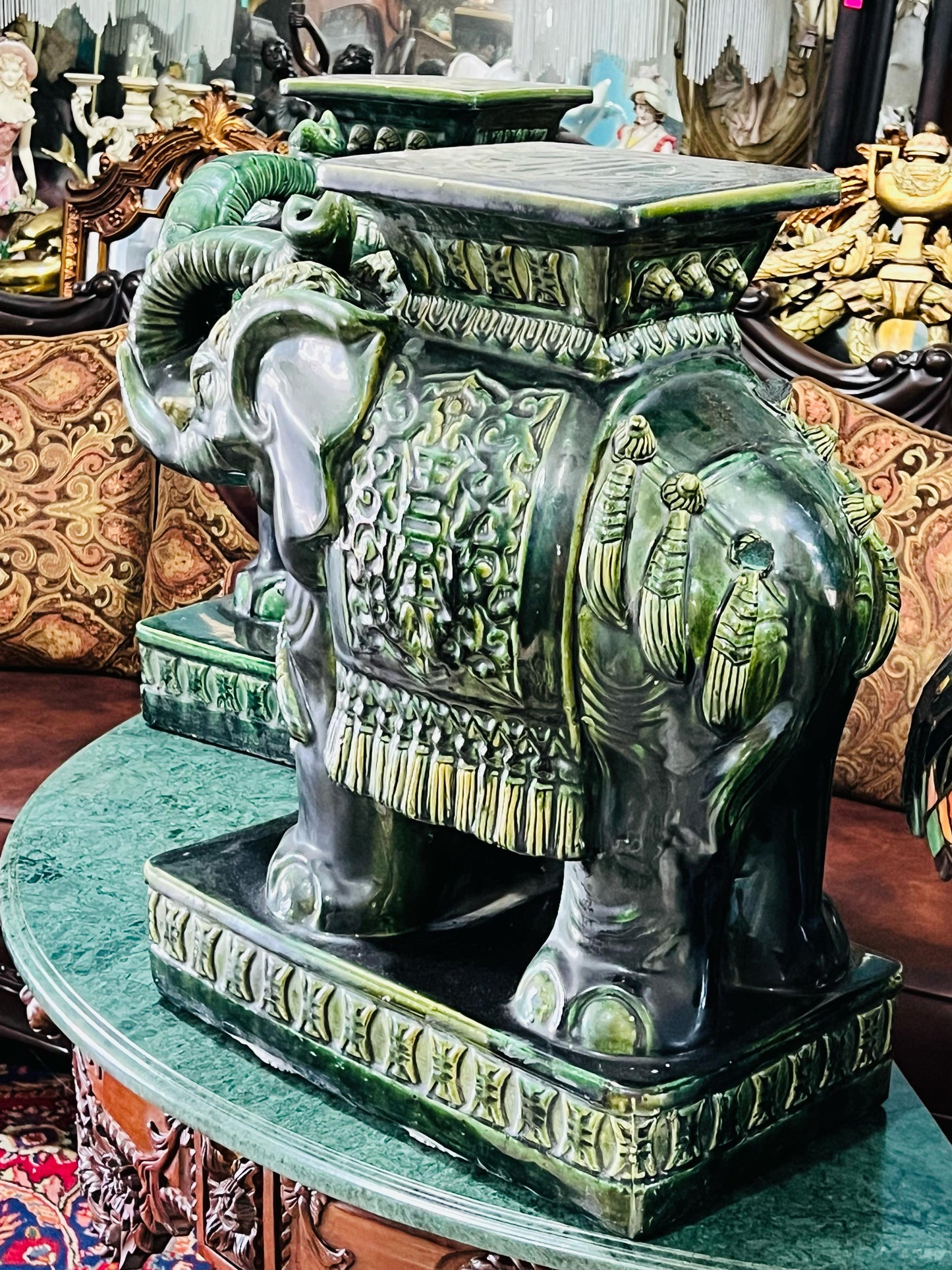 💚🐘💚Elefantes Cerámicos Vintage - Asiento o Mesa Auxiliar en Estilo Boho Majolica Verde💚🐘💚