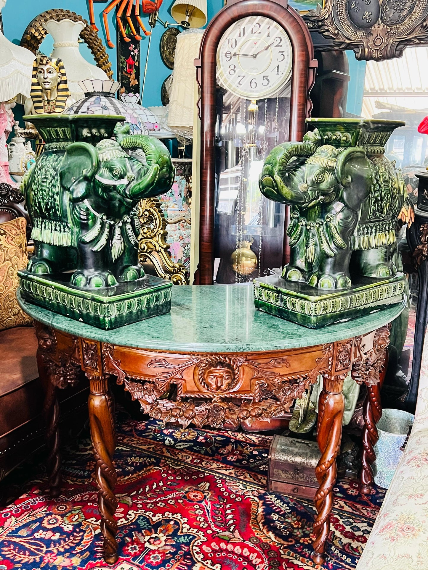 💚🐘💚Elefantes Cerámicos Vintage - Asiento o Mesa Auxiliar en Estilo Boho Majolica Verde💚🐘💚