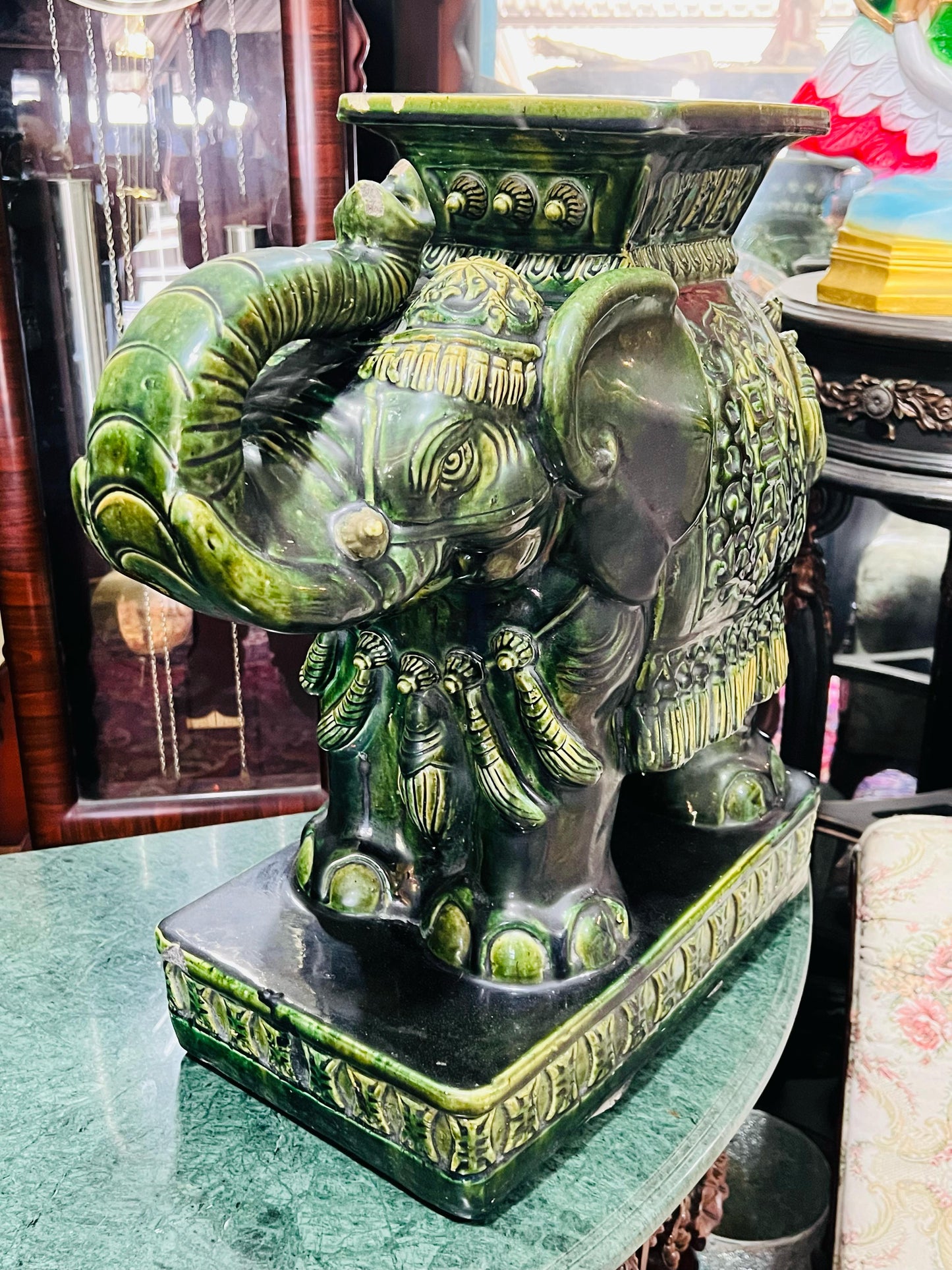 💚🐘💚Elefantes Cerámicos Vintage - Asiento o Mesa Auxiliar en Estilo Boho Majolica Verde💚🐘💚